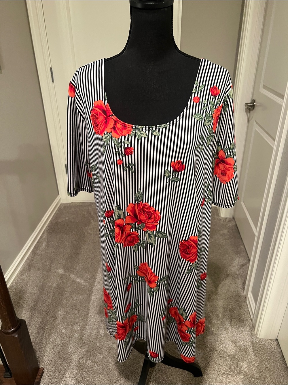 Vibe Black & White Striped Midi Dress with Red Rose Print